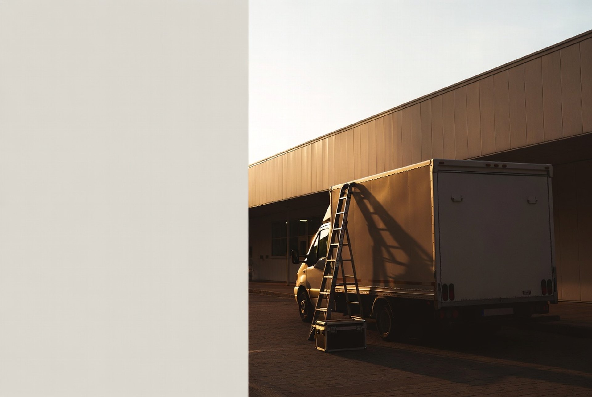 A service van parked outside a building at golden hour