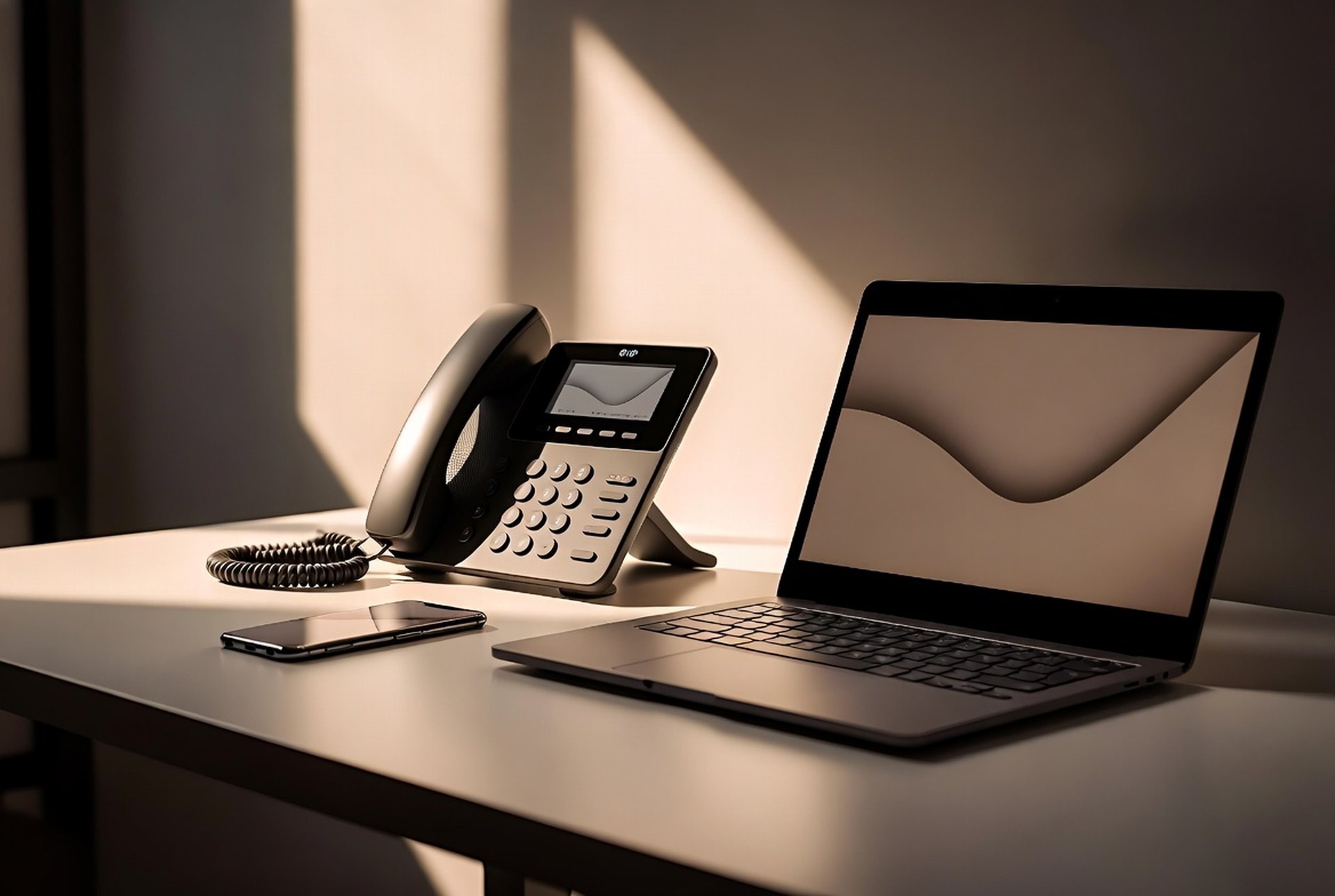 An IP desk phone, a laptop, and a smartphone on one desk