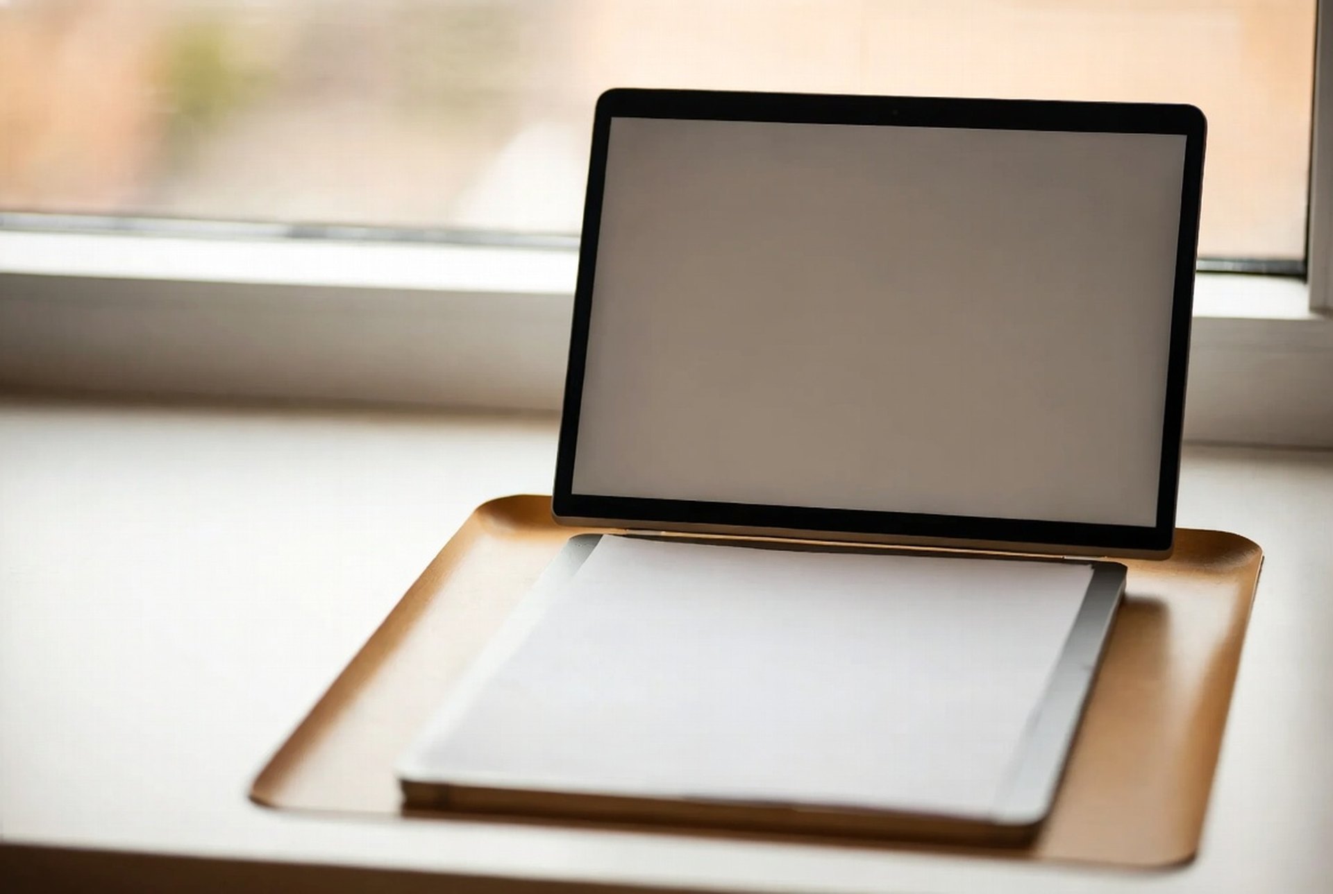 A laptop and a single document on a clean desk by a window